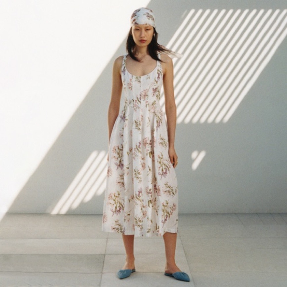 Brock Collection x H&M Linen Floral Midi Dress with Cross Strap Back - Size M